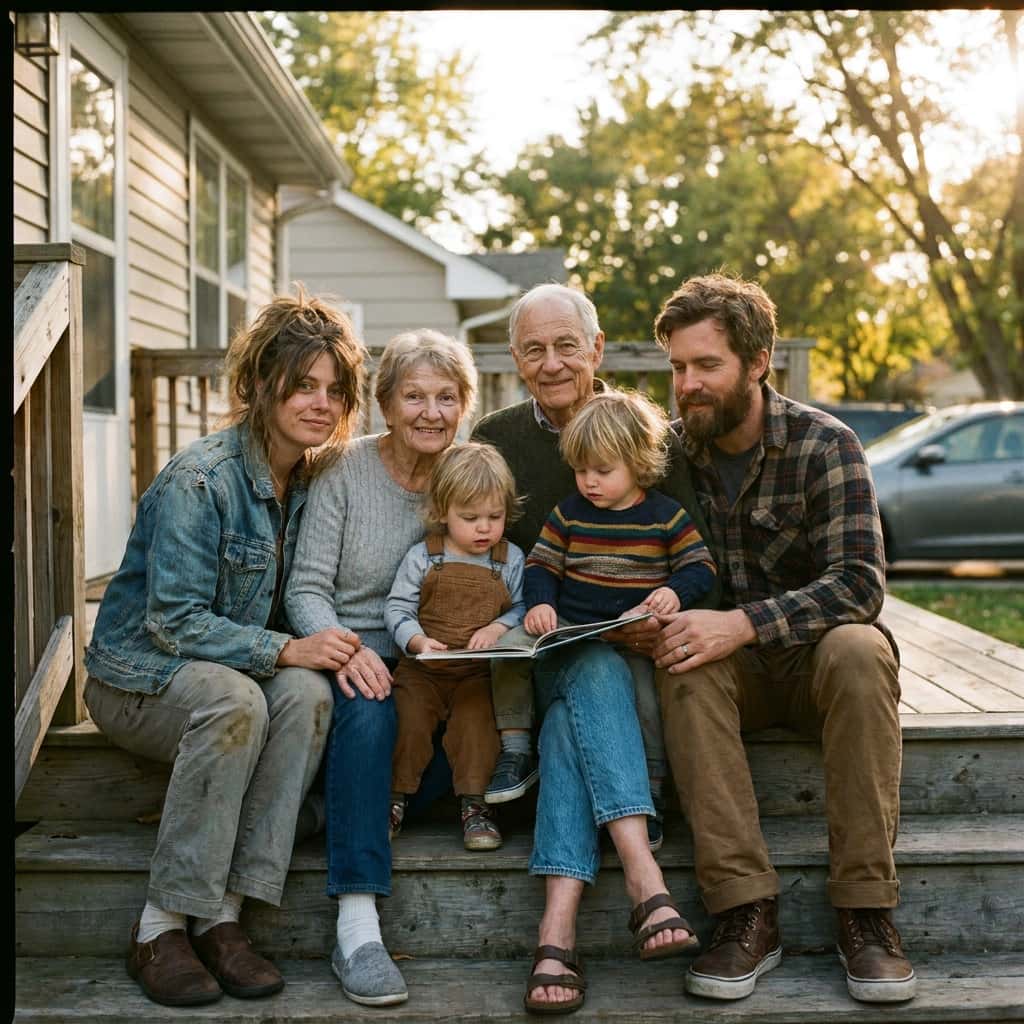 A multi-generational American family on the front steps of their home — the people PlondoLife life insurance protects.