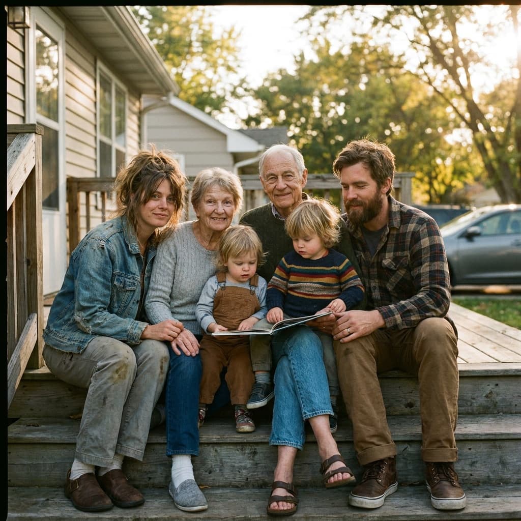 A multi-generational American family on the front steps of their home — the people PlondoLife life insurance protects.